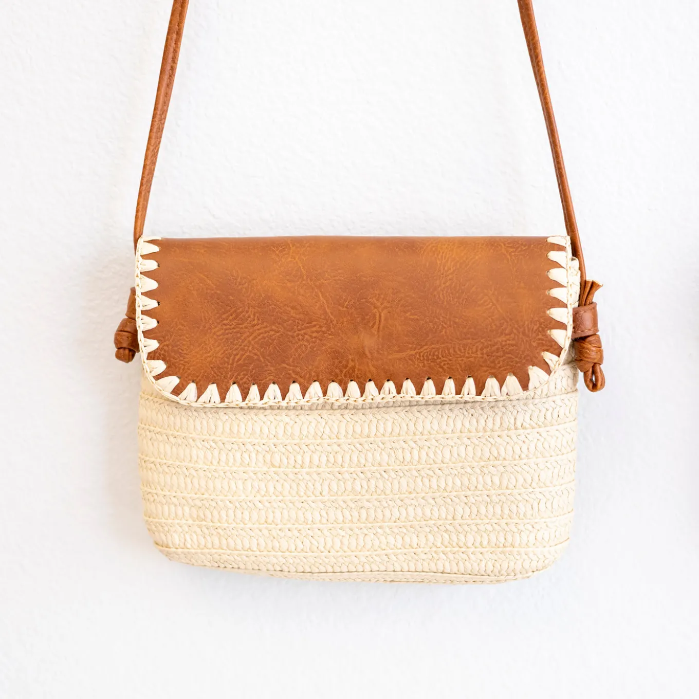 Elena Handbags Straw Woven Messenger Bag with Leather Flap