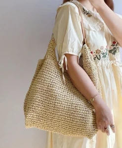Elena Handbags Straw Woven Tote with Leather Straps