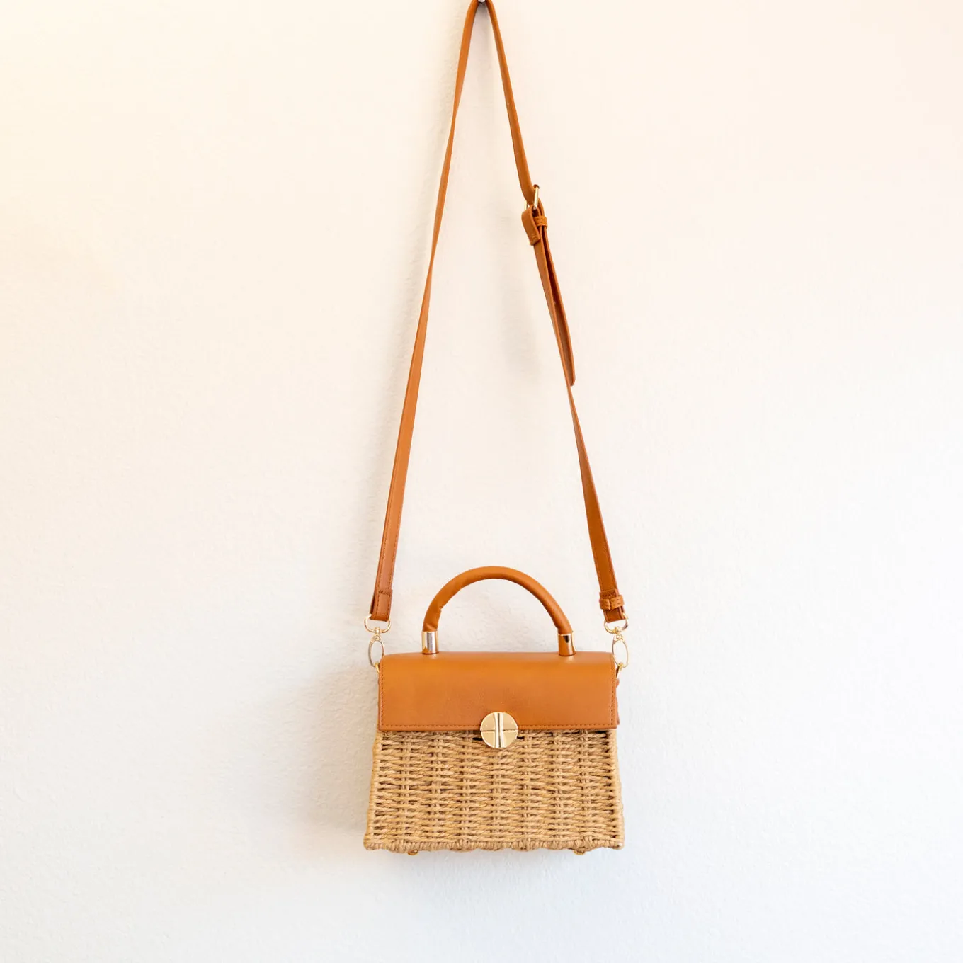 Elena Handbags Straw Woven Box Bag with Leather Flap and Trims