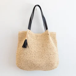 Elena Handbags Straw Woven Tote with Leather Straps and Tassel