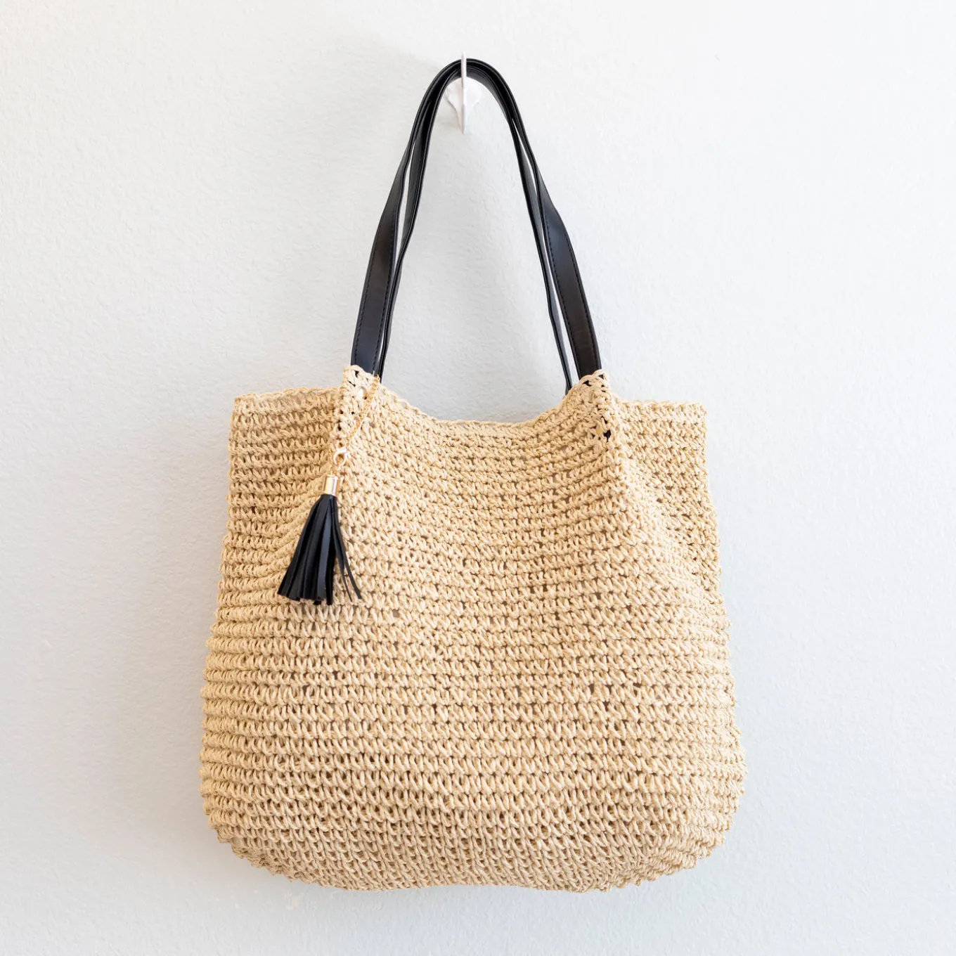 Elena Handbags Straw Woven Tote with Leather Straps and Tassel