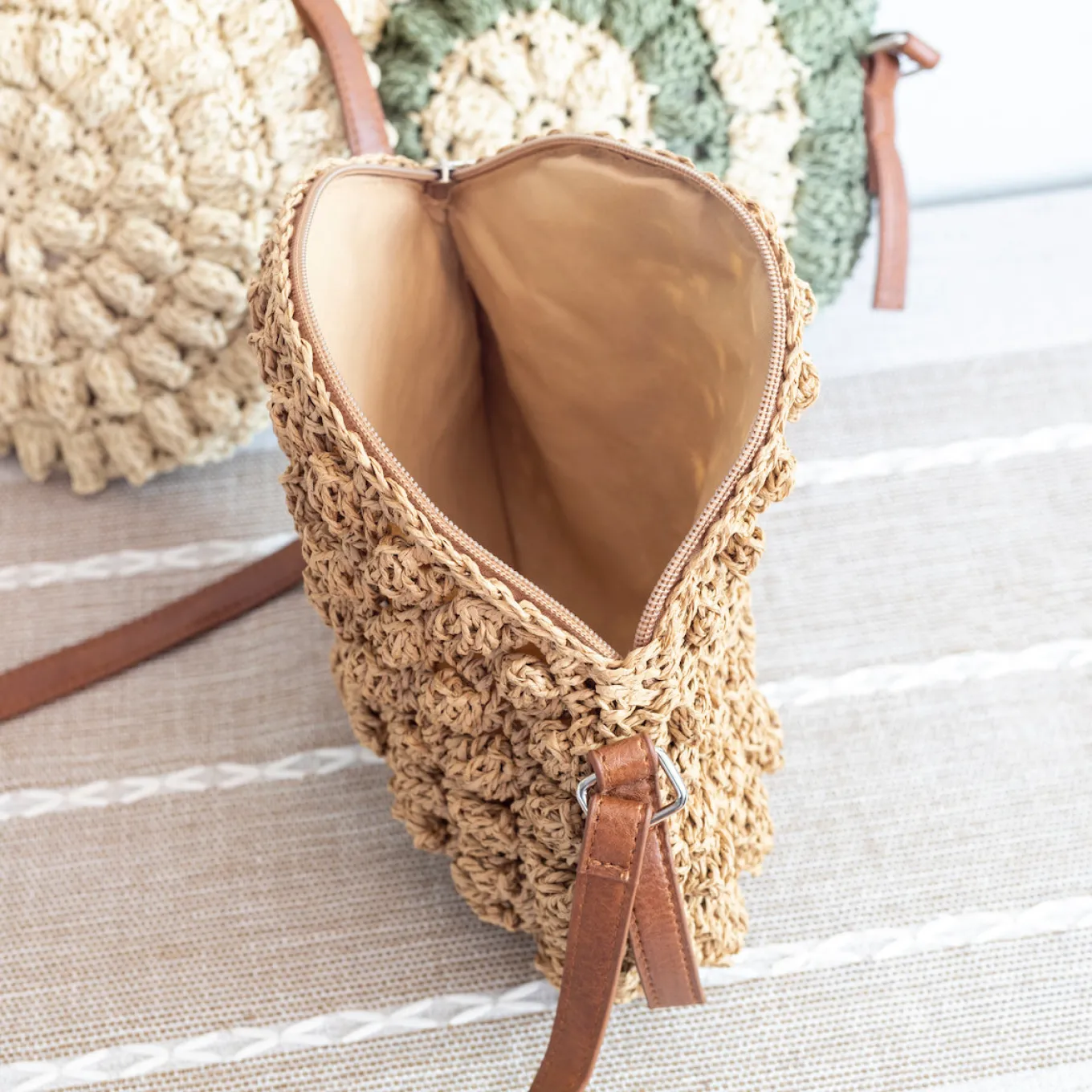 Elena Handbags Straw Woven Round Tote with Leather Strap