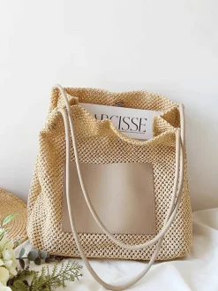 Elena Handbags Straw Woven Shoulder Bag with Leather Accent