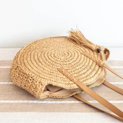 Elena Handbags Straw Woven Round Tote with Leather Strap and Tassel