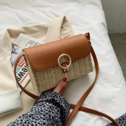 Elena Handbags Straw Woven Box Bag with Leather Flap