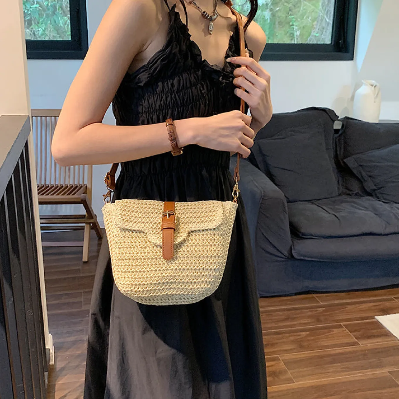 Elena Handbags Straw Woven Crossbody Bag