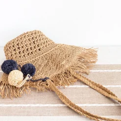 Elena Handbags Straw Woven Hat Shape Tote with Pom Pom