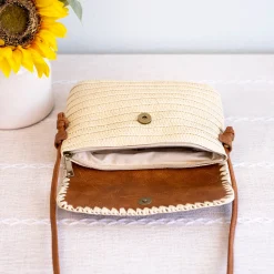 Elena Handbags Straw Woven Messenger Bag with Leather Flap