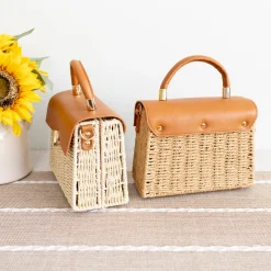 Elena Handbags Straw Woven Box Bag with Leather Flap and Trims