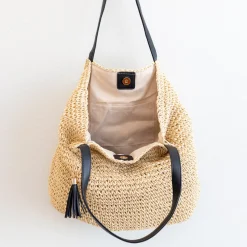Elena Handbags Straw Woven Tote with Leather Straps and Tassel