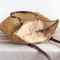 Elena Handbags Straw Woven Tote Bag with Leather Strap