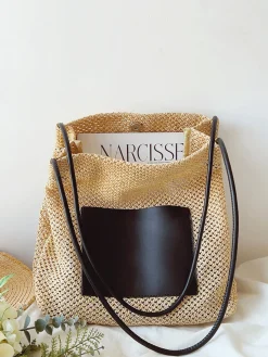 Elena Handbags Straw Woven Shoulder Bag with Leather Accent