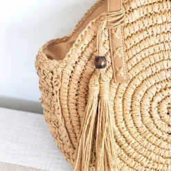 Elena Handbags Straw Woven Round Tote with Leather Strap and Tassel