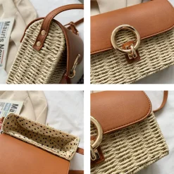 Elena Handbags Straw Woven Box Bag with Leather Flap