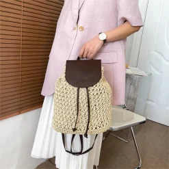 Elena Handbags Straw Woven Backpack with Leather Strap and Flap