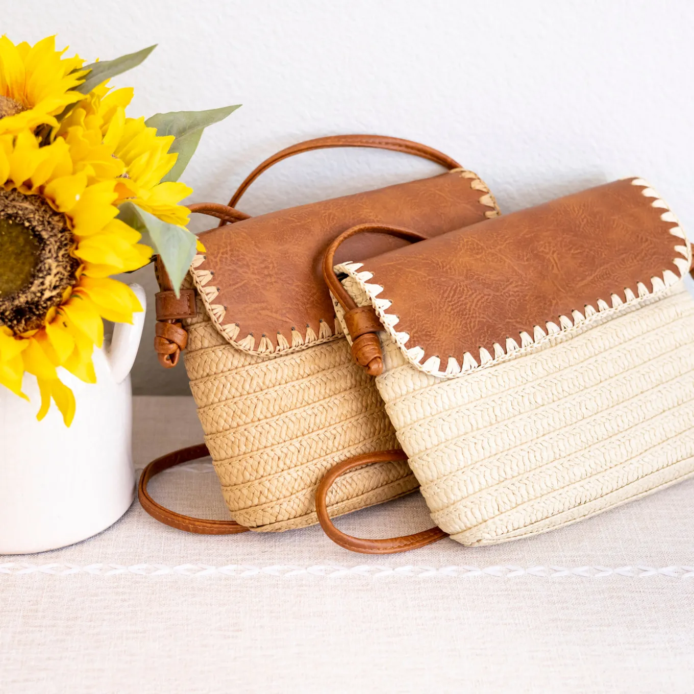 Elena Handbags Straw Woven Messenger Bag with Leather Flap