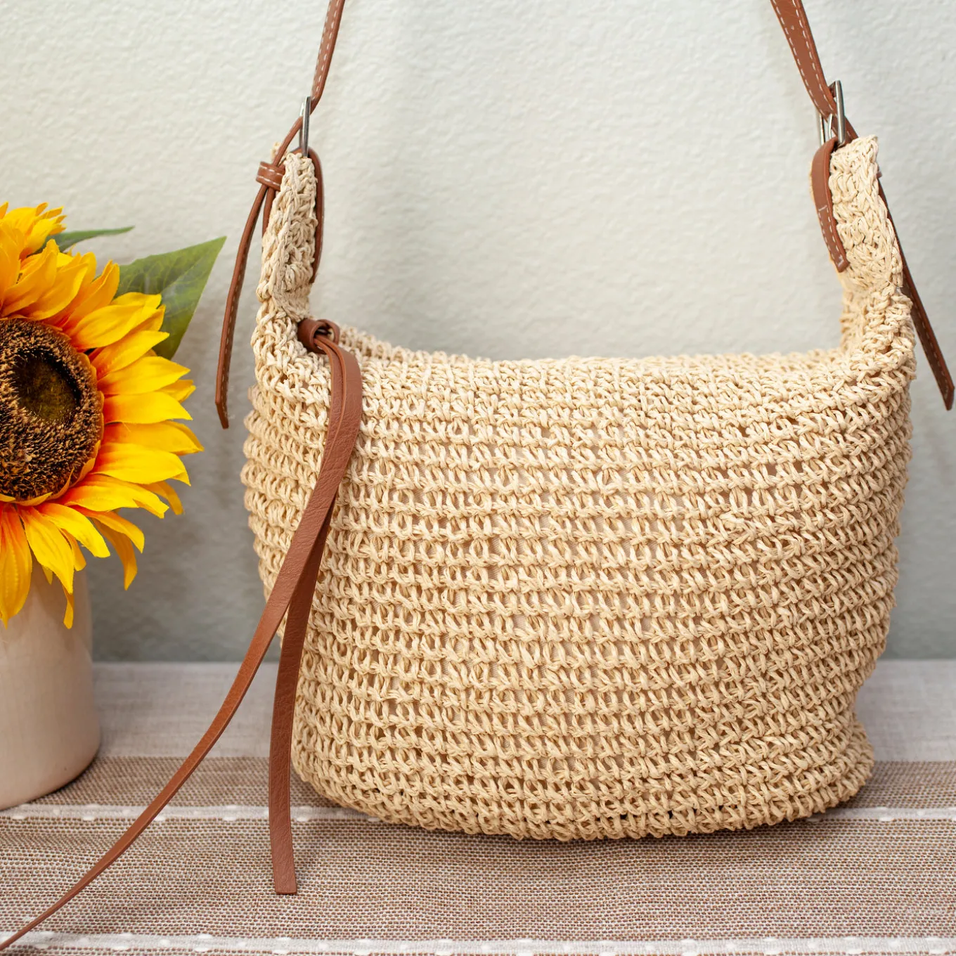 Elena Handbags Straw Woven Crossbody Bag With Tassle