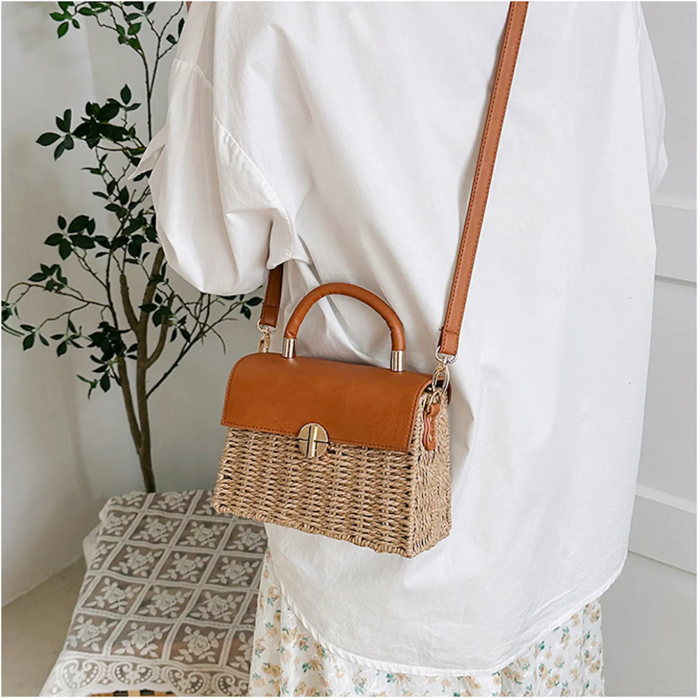 Elena Handbags Straw Woven Box Bag with Leather Flap and Trims