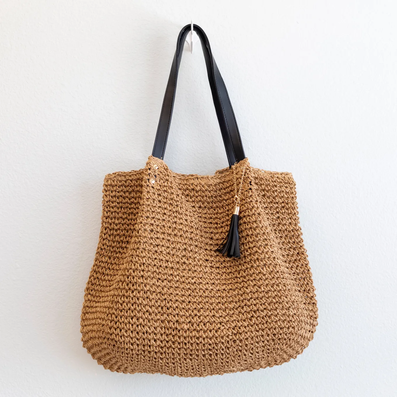Elena Handbags Straw Woven Tote with Leather Straps and Tassel