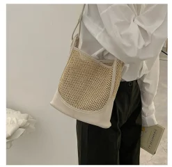 Elena Handbags Straw Woven Work Shoulder Bag with Leather Accent