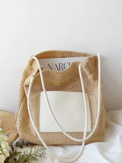 Elena Handbags Straw Woven Shoulder Bag with Leather Accent