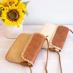 Elena Handbags Straw Woven Messenger Bag with Leather Flap