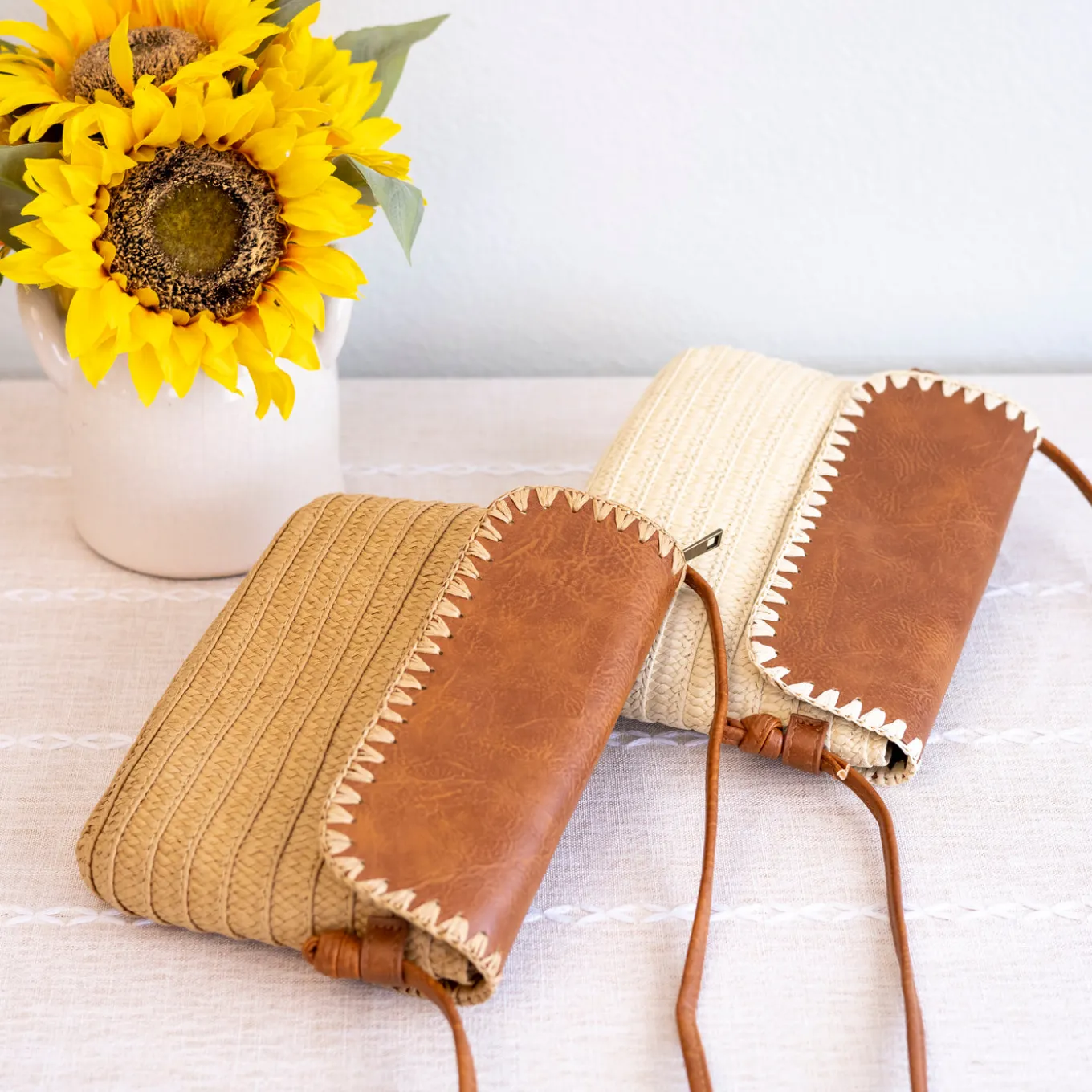 Elena Handbags Straw Woven Messenger Bag with Leather Flap