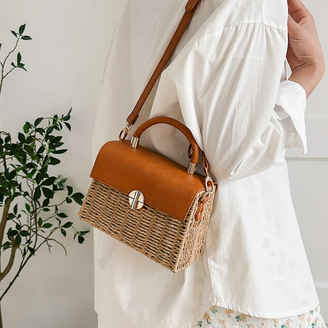 Elena Handbags Straw Woven Box Bag with Leather Flap and Trims