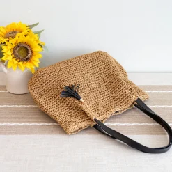Elena Handbags Straw Woven Tote with Leather Straps and Tassel