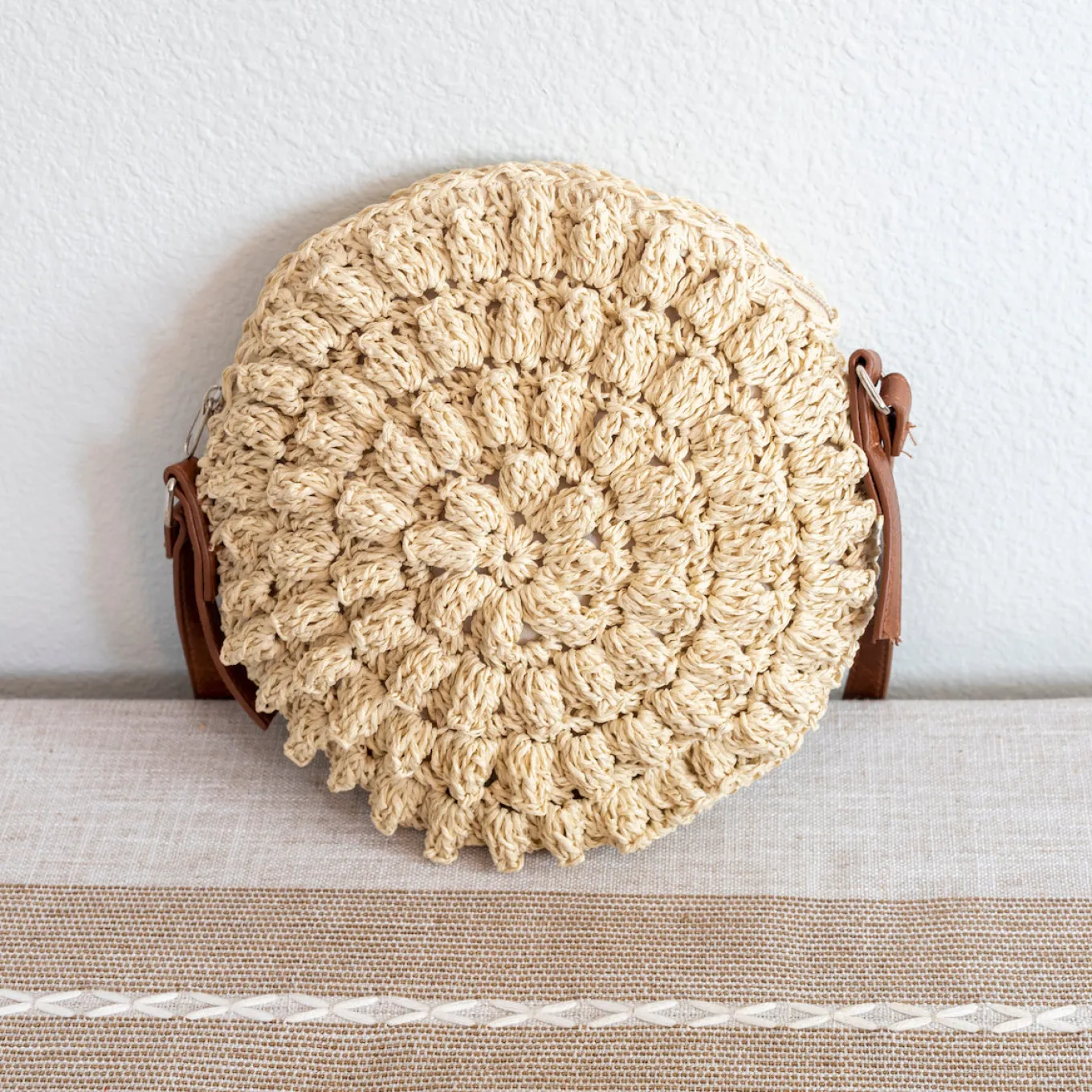 Elena Handbags Straw Woven Round Tote with Leather Strap