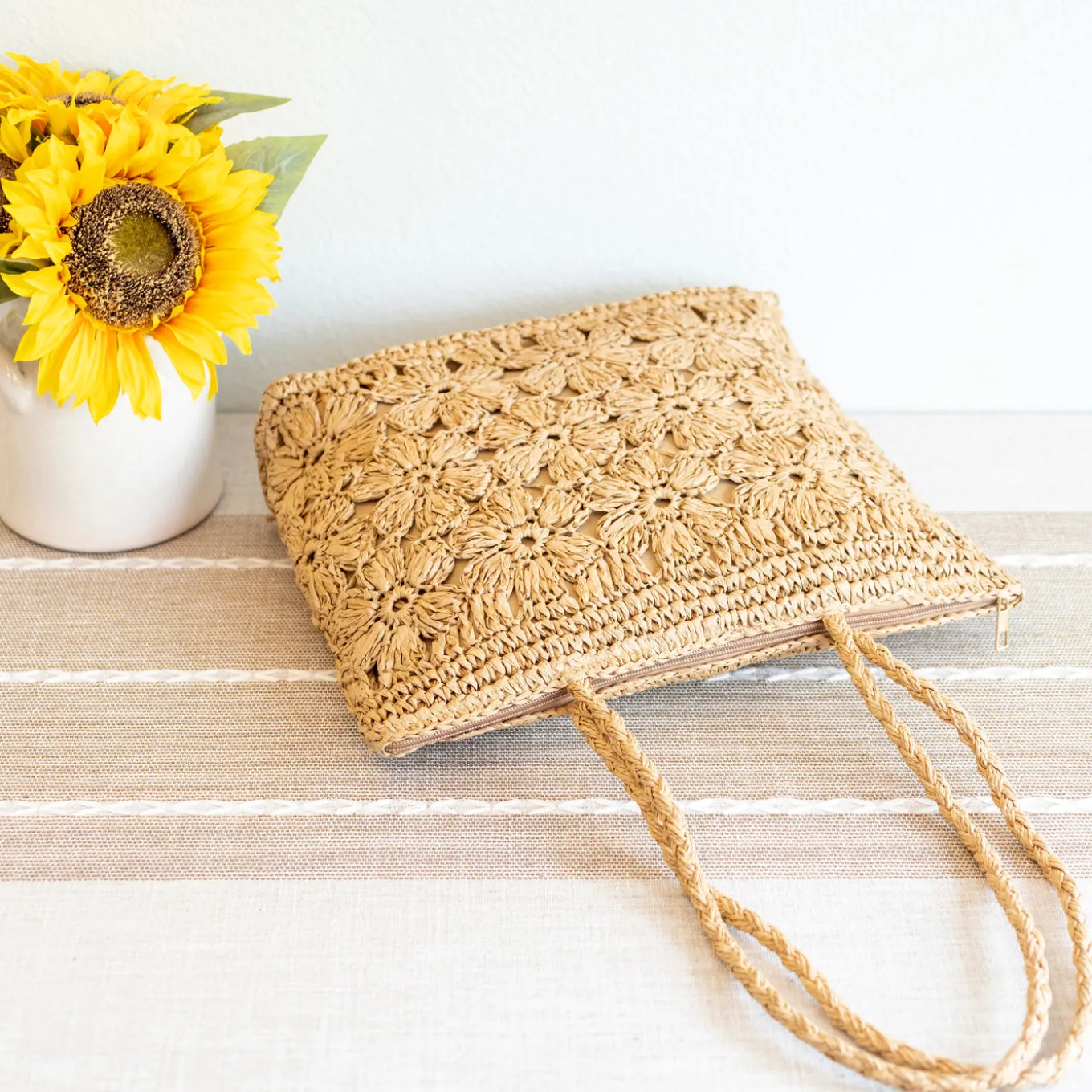 Elena Handbags Straw Woven Tote with Floral Design