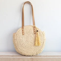 Elena Handbags Straw Woven Round Tote with Leather Strap and Tassel