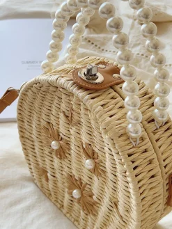 Elena Handbags Straw Woven Round Shoulder Purse