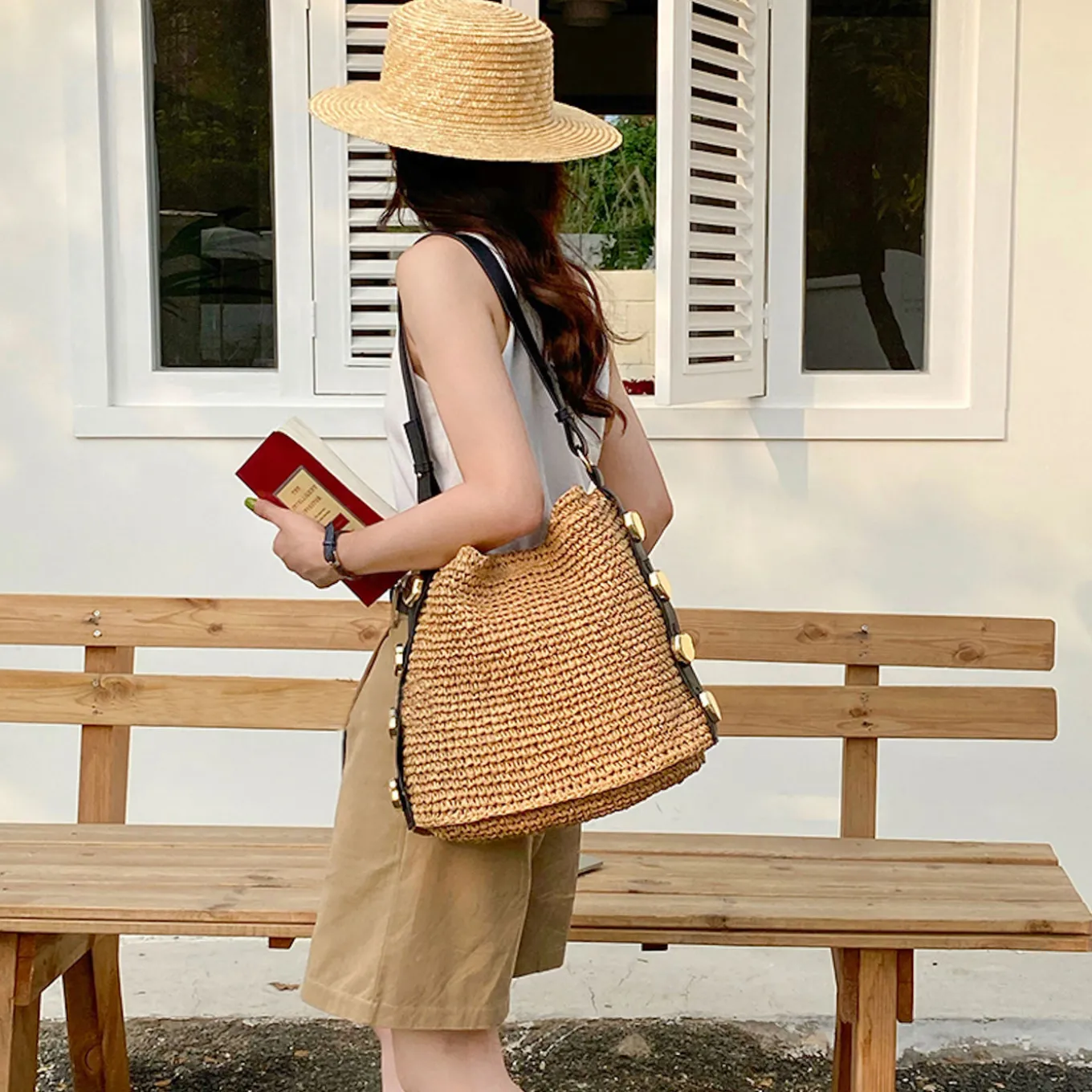 Elena Handbags Straw Woven Tote with Leather Straps