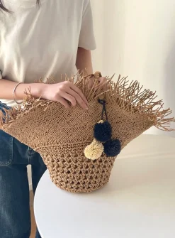 Elena Handbags Straw Woven Hat Shape Tote with Pom Pom
