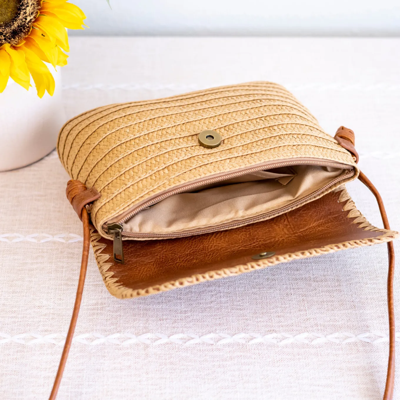 Elena Handbags Straw Woven Messenger Bag with Leather Flap