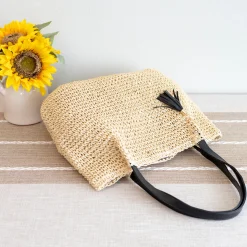 Elena Handbags Straw Woven Tote with Leather Straps and Tassel