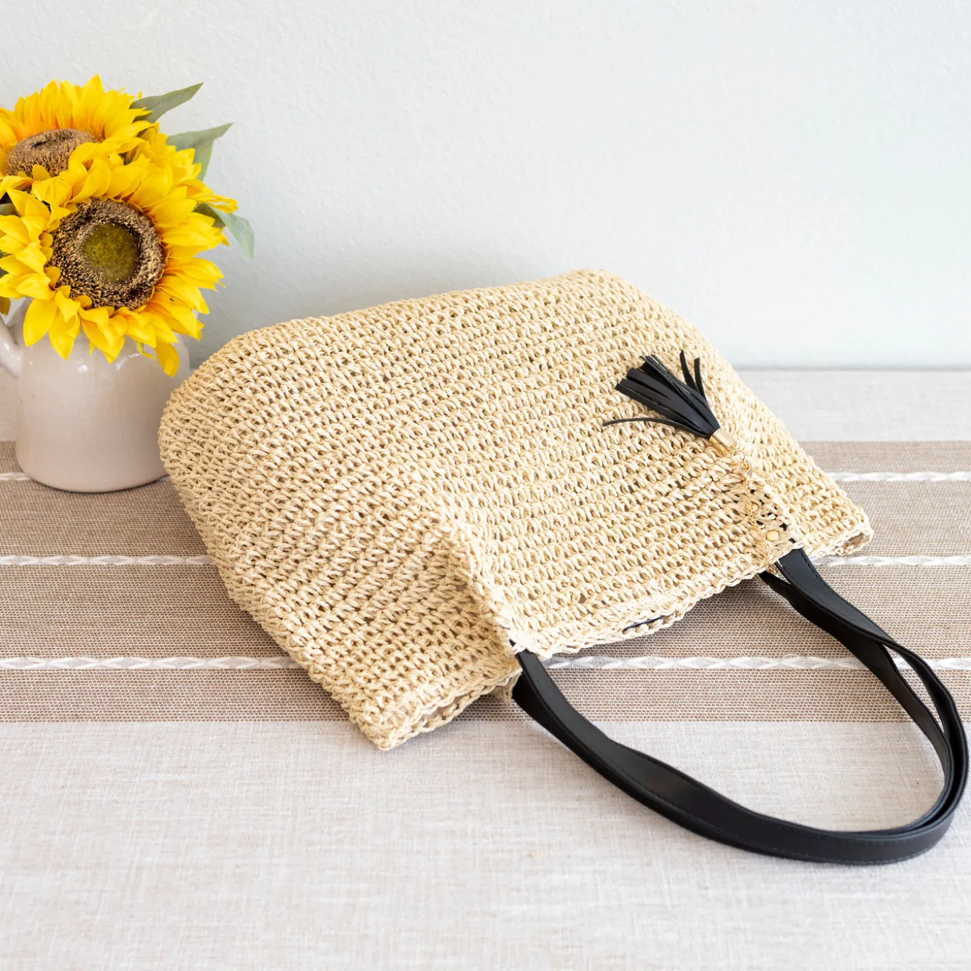 Elena Handbags Straw Woven Tote with Leather Straps and Tassel
