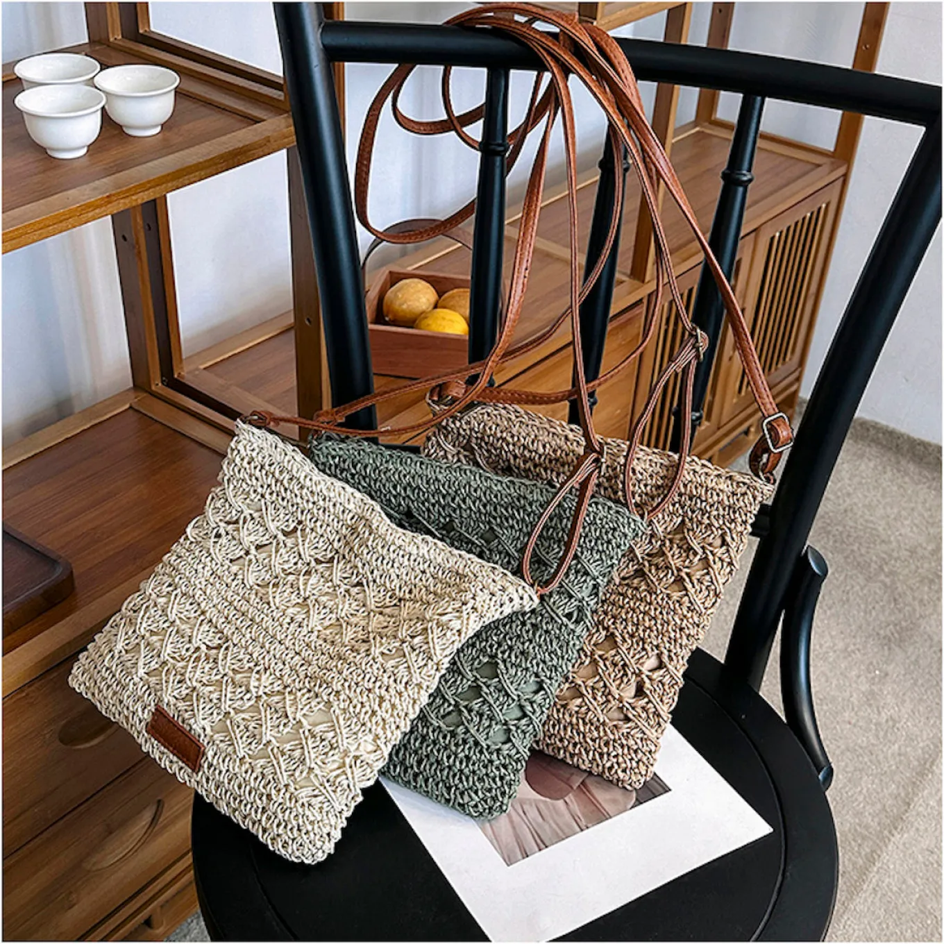 Elena Handbags Straw Woven Crossbody Purse