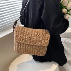 Elena Handbags Straw Woven Messenger Bag with Flap