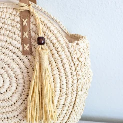 Elena Handbags Straw Woven Round Tote with Leather Strap and Tassel