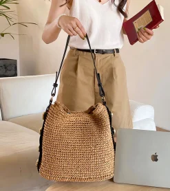 Elena Handbags Straw Woven Tote with Leather Straps