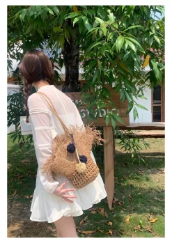 Elena Handbags Straw Woven Hat Shape Tote with Pom Pom