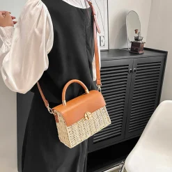 Elena Handbags Straw Woven Box Bag with Leather Flap and Trims