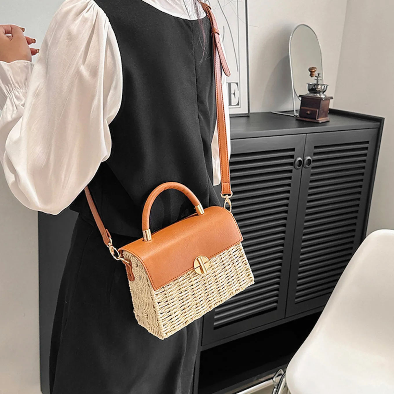 Elena Handbags Straw Woven Box Bag with Leather Flap and Trims