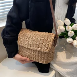 Elena Handbags Straw Woven Messenger Bag with Flap