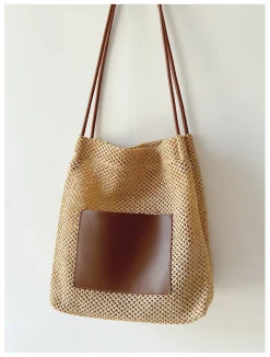 Elena Handbags Straw Woven Shoulder Bag with Leather Accent