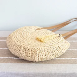 Elena Handbags Straw Woven Round Tote with Leather Strap and Tassel
