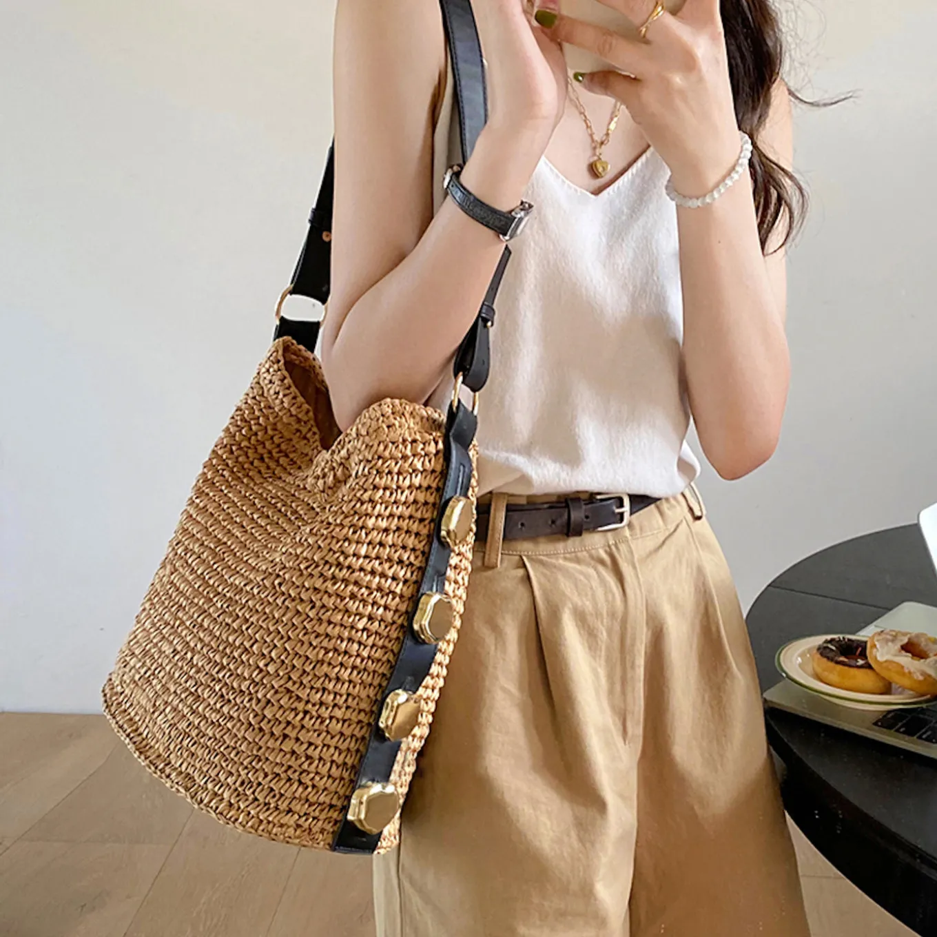 Elena Handbags Straw Woven Tote with Leather Straps