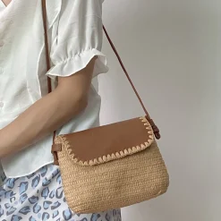 Elena Handbags Straw Woven Messenger Bag with Leather Flap